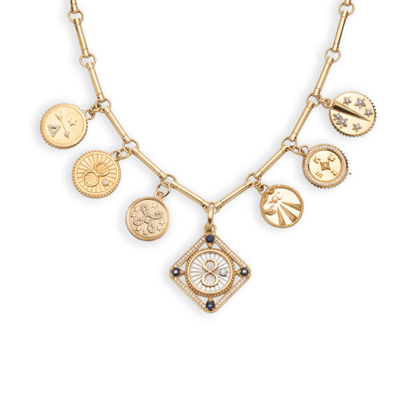 Karma and Multi-Tenet Element Chain Story : in Mixed Gold with Diamonds and Blue Sapphire
