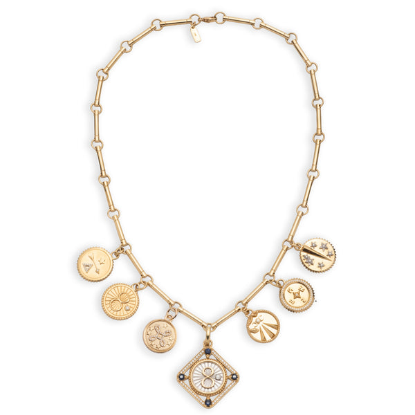 Karma and Multi-Tenet Element Chain Story : in Mixed Gold with Diamonds and Blue Sapphire