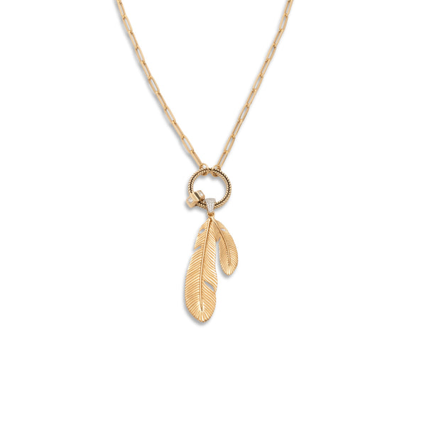 Feathers and Heart Beat Classic Fob Clip Open Chain Story : in Yellow Gold