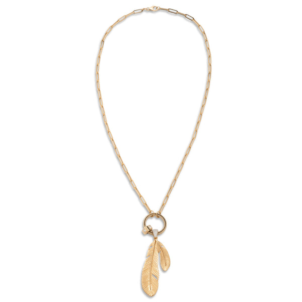 Feathers and Heart Beat Classic Fob Clip Open Chain Story : in Yellow Gold