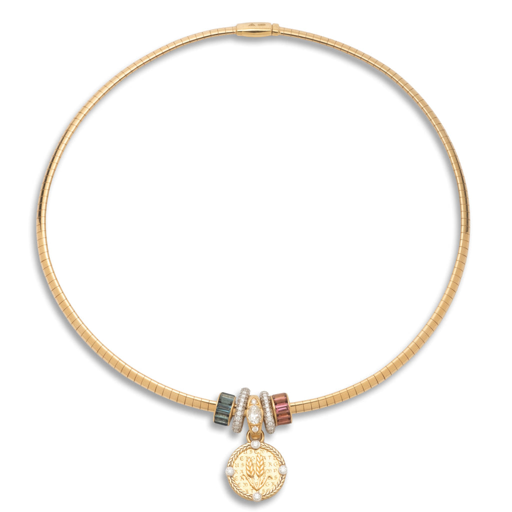 18K Mixed Gold Infinite Gratitude and Heart Beats Small Sleek Collar Story : in Mixed Gold with Diamonds, Blue Sapphire, and Pink Tourmaline – FoundRae view 3