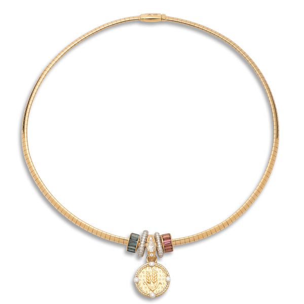Infinite Gratitude - True Love | Braided Wheat and Heart Beats Small Sleek Collar Necklace | Blue Sapphire, Pink Tourmaline, Diamonds, Mixed Gold