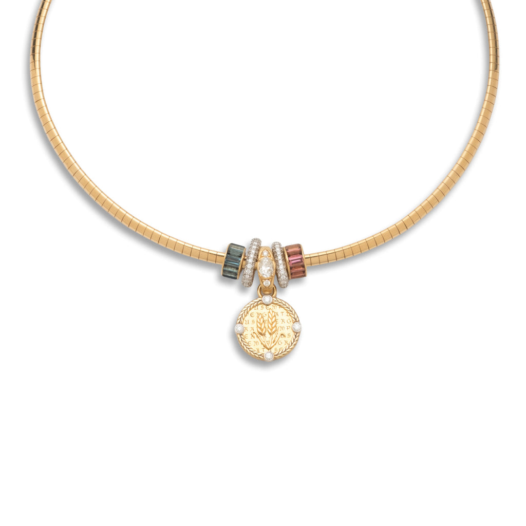 Infinite Gratitude and Heart Beats Small Sleek Collar Story : in Mixed Gold with Diamonds, Blue Sapphire, and Pink Tourmaline view 1