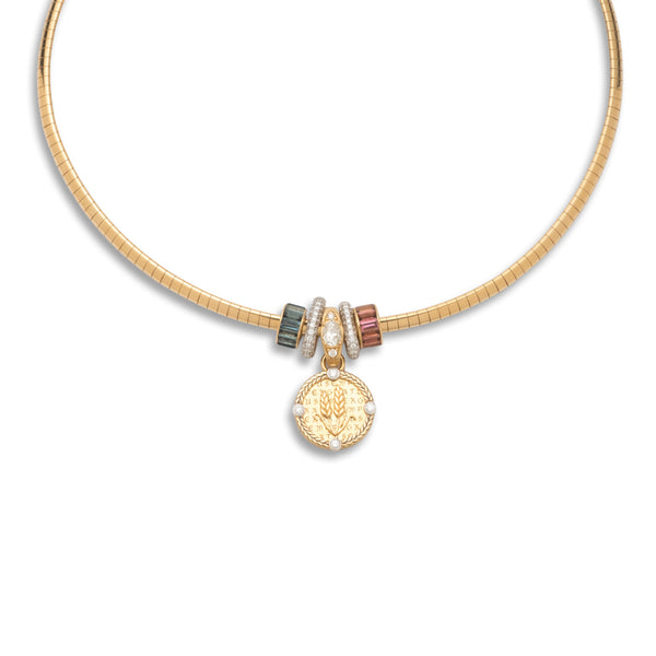 Infinite Gratitude and Heart Beats Small Sleek Collar Story : in Mixed Gold with Diamonds, Blue Sapphire, and Pink Tourmaline