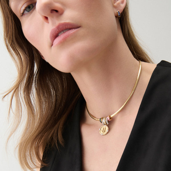 Infinite Gratitude and Heart Beats Small Sleek Collar Story : in Mixed Gold with Diamonds, Blue Sapphire, and Pink Tourmaline