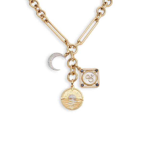 New Beginnings and Karma Oversized Mixed Clip Story : in Mixed Gold with Diamonds and Blue Sapphire