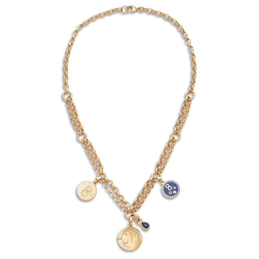 18K Yellow Gold Infinite Gratitude and Karma Festoon Chain Story : in Yellow Gold with Diamonds, Blue Sapphire, and Blue Ceramic – FoundRae view 2