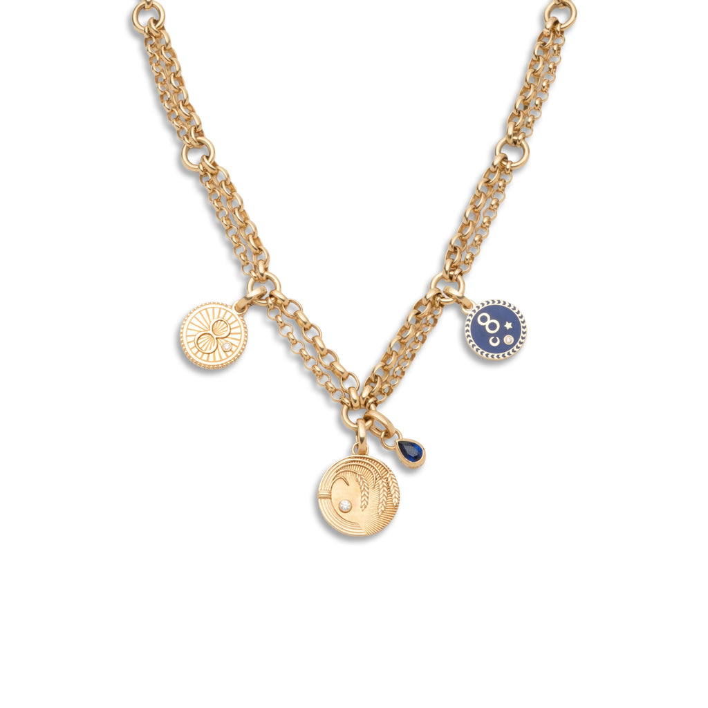 Infinite Gratitude and Karma Festoon Chain Story : in Yellow Gold with Diamonds, Blue Sapphire, and Blue Ceramic view 1