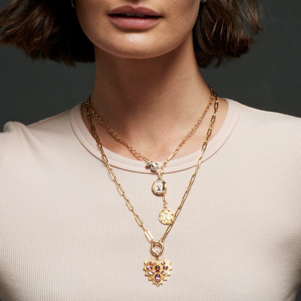 True Love | Gemstone Heart Love Token Medium Clip Open Chain | Pink Tourmaline, Garnet, Yellow Gold view 2