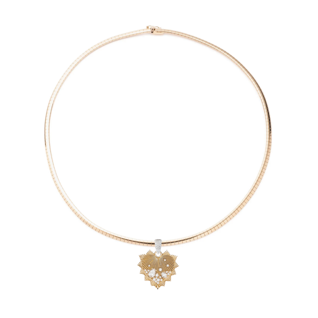 Medium Encrusted Diamond Heart Small Sleek Collar Necklace : in Yellow Gold view 2