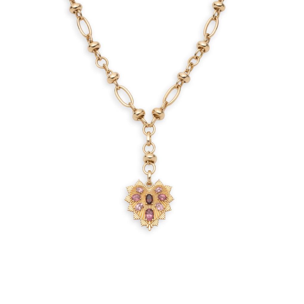 Gemstone Heart Love Token Orbit Chain Extension Necklace : in Yellow Gold with Pink Tourmaline and Garnet view 1