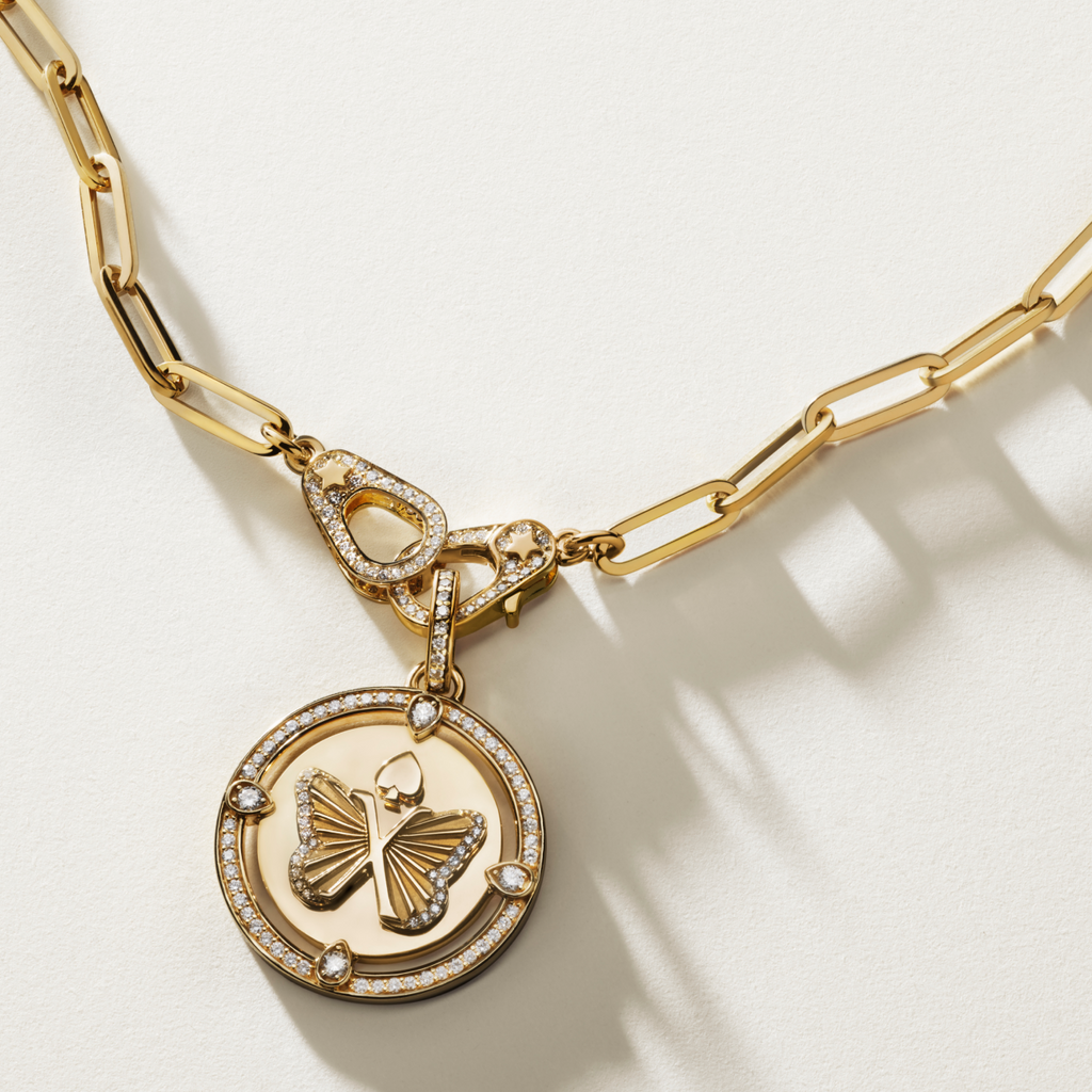 Reverie Classic Fob Clip Sister Hook Necklace : in Yellow Gold with Diamonds view 2