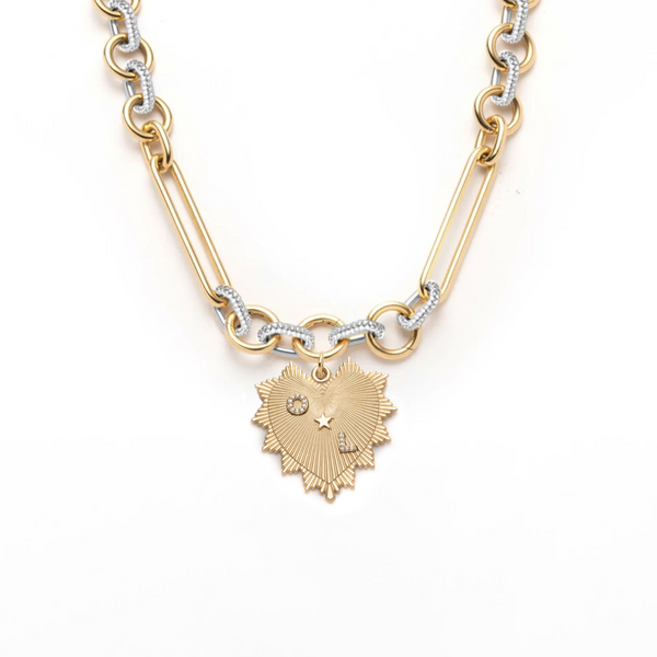 Custom Heart Love Token Oversized Mixed Clip Pave Necklace : in Yellow Gold with Diamonds