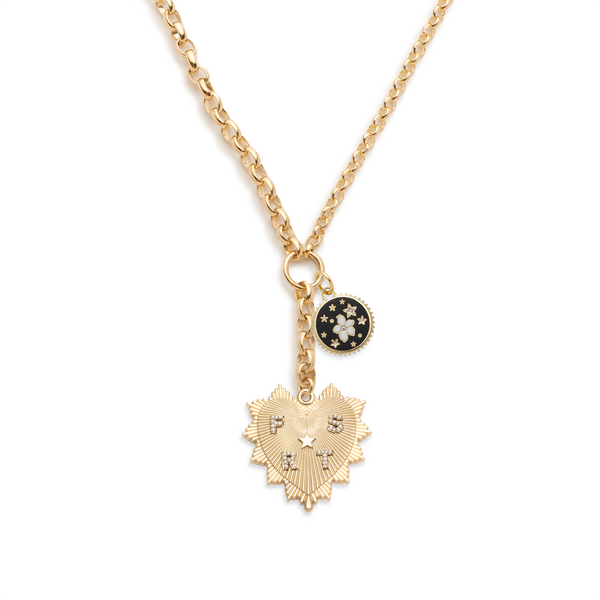 Personalized - True Love | Custom Heart Love Token and Ceramic Blossoms Heavy Mixed Belcher Extension Necklace | Diamonds, Black Ceramic, Yellow Gold