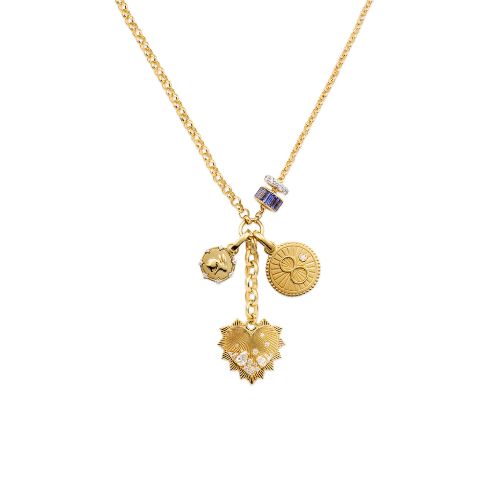 18K Yellow Gold True Love – Infinite Gratitude | Encrusted Heart and Bunny Medium Mixed Belcher Extension Necklace | Diamonds, Tanzanite, Yellow Gold – FoundRae view 1