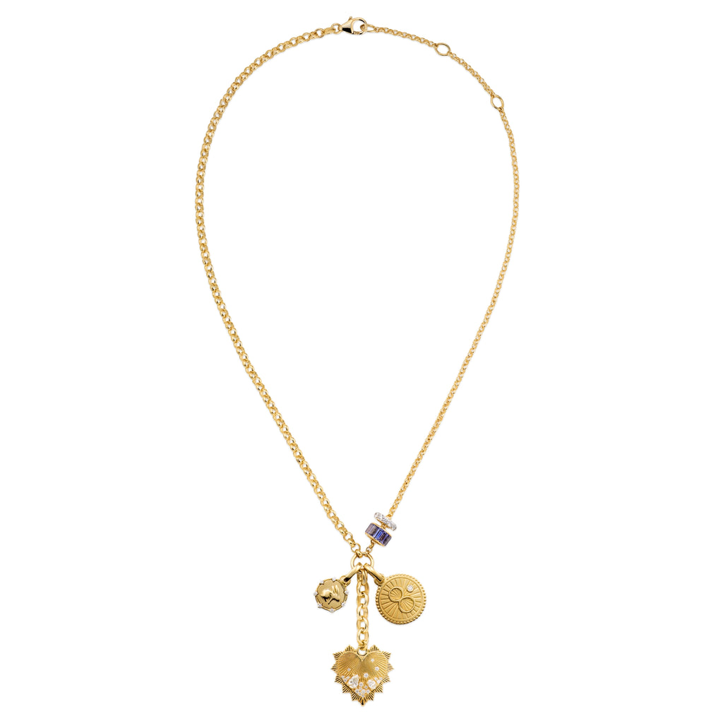 18K Yellow Gold True Love – Infinite Gratitude | Encrusted Heart and Bunny Medium Mixed Belcher Extension Necklace | Diamonds, Tanzanite, Yellow Gold – FoundRae view 2