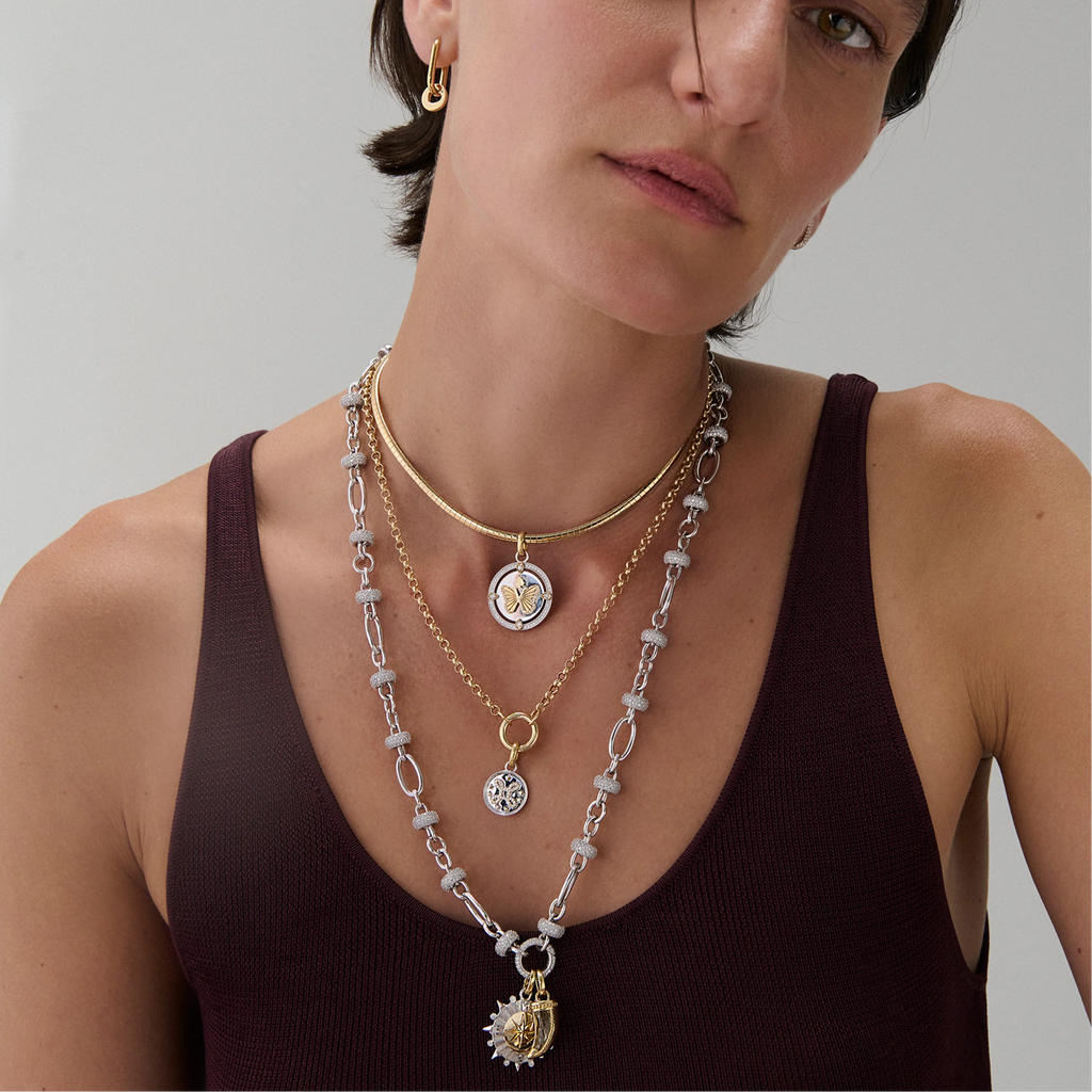 18K Mixed Gold Internal Compass – Protection | Gemstone La Loba Claw  Pavé Orbit Open Chain | Diamonds, Green Prasiolite, Mixed Gold – FoundRae view 2