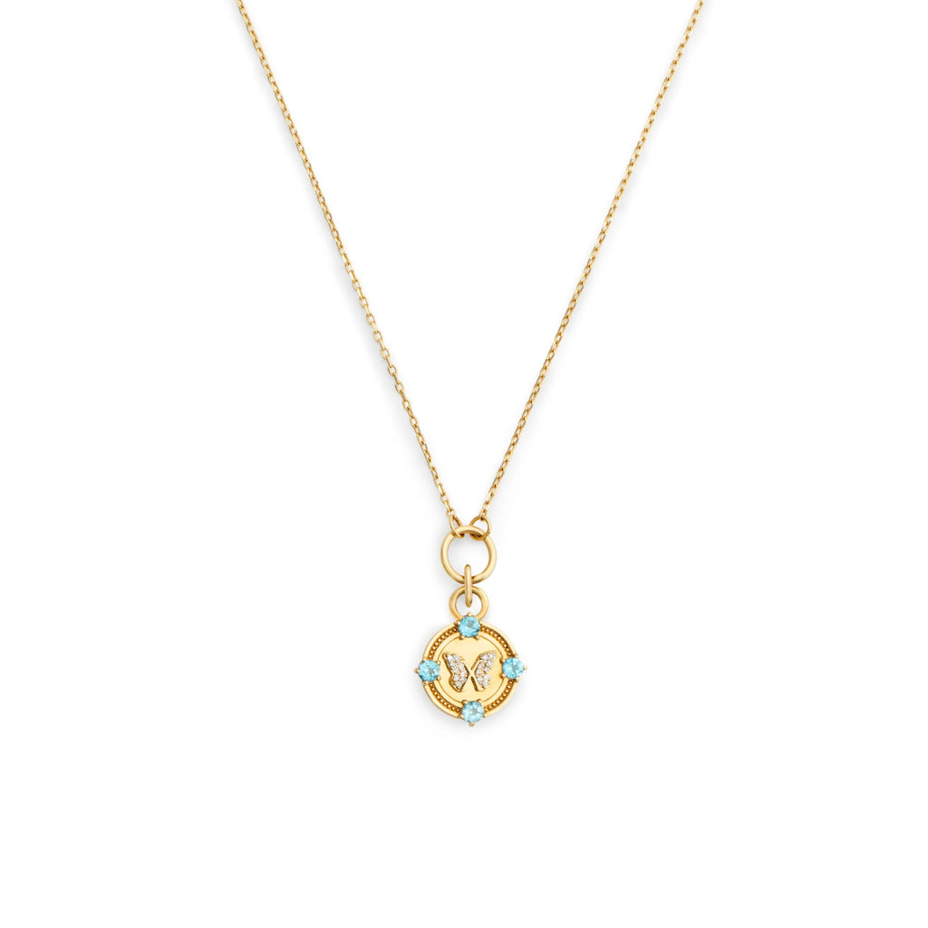 Reverie | Butterfly Thread Necklace | Diamonds, Swiss Blue Topaz, Yellow Gold view 1