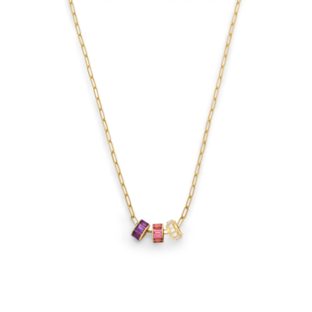 True Love | Baguette Heart Beats Fine Clip Necklace | Diamonds, Amethyst, Pink Tourmaline, Yellow Gold view 1