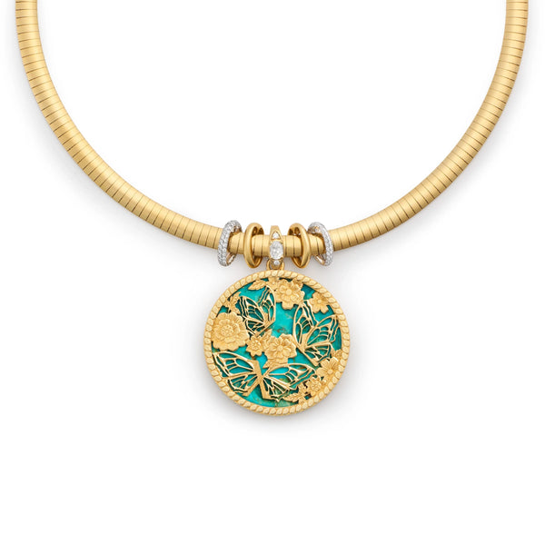 Reverie | Butterfly Screen on Stone and Heart Slides Medium Sleek Collar Necklace | Diamonds, Turquoise, Mixed Gold