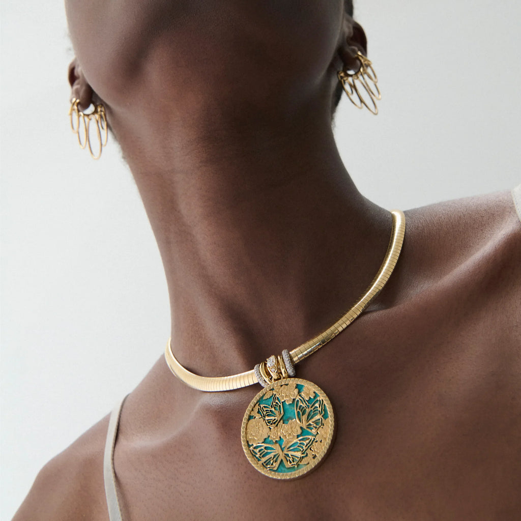Reverie | Butterfly Screen on Stone and Heart Slides Medium Sleek Collar Necklace | Diamonds, Turquoise, Mixed Gold view 2