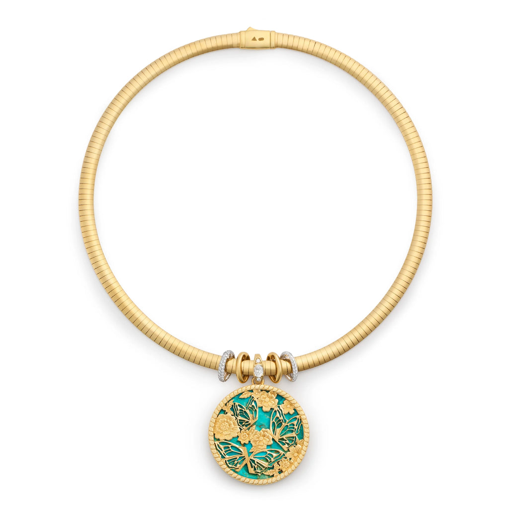 18K Yellow Gold Reverie | Butterfly Screen on Stone and Heart Slides Medium Sleek Collar Necklace | Diamonds, Turquoise, Mixed Gold – FoundRae view 3