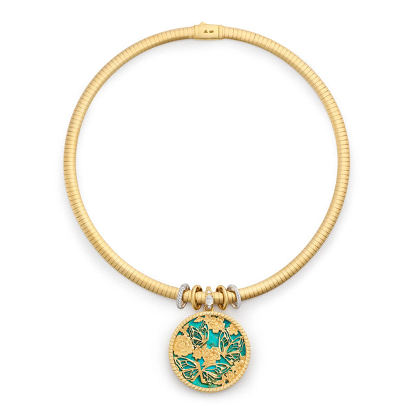 Reverie | Butterfly Screen on Stone and Heart Slides Medium Sleek Collar Necklace | Diamonds, Turquoise, Mixed Gold