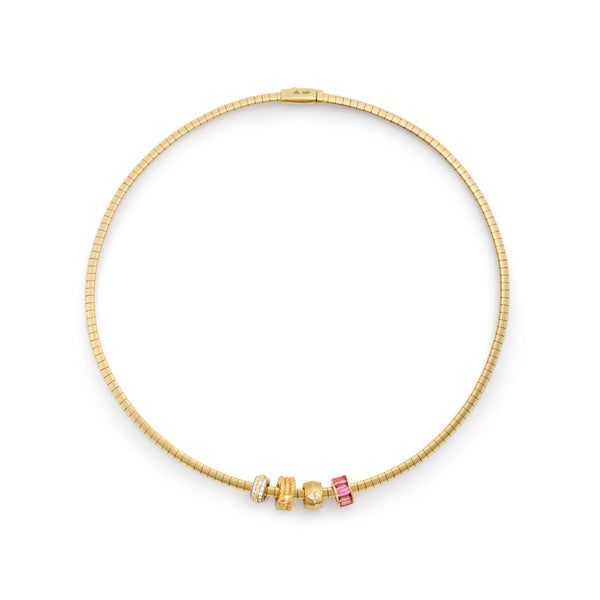 True Love - Protection | Baguette and Snake Heart Beats Small Sleek Collar Necklace | Diamonds, Pink Tourmaline, Yellow Gold