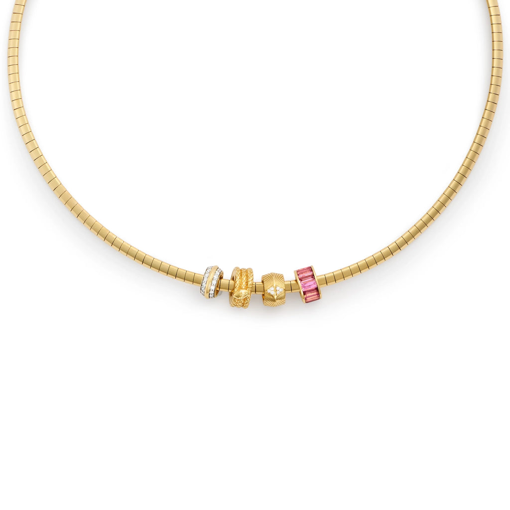 True Love - Protection | Baguette and Snake Heart Beats Small Sleek Collar Necklace | Diamonds, Pink Tourmaline, Yellow Gold view 1