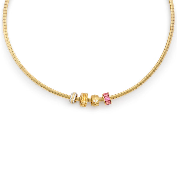 True Love - Protection | Baguette and Snake Heart Beats Small Sleek Collar Necklace | Diamonds, Pink Tourmaline, Yellow Gold