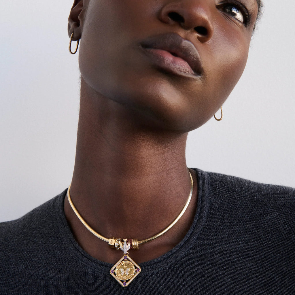 Personalized - Reverie | Butterfly Framed and Custom Heart Beat Small Sleek Collar Necklace | Diamonds, Amethyst, Champagne Citrine, Yellow Gold view 2