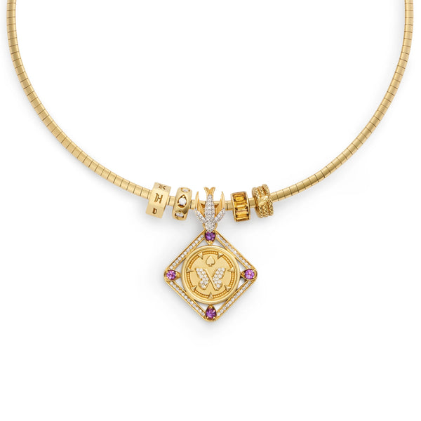 Personalized - Reverie | Butterfly Framed and Custom Heart Beat Small Sleek Collar Necklace | Diamonds, Amethyst, Champagne Citrine, Yellow Gold