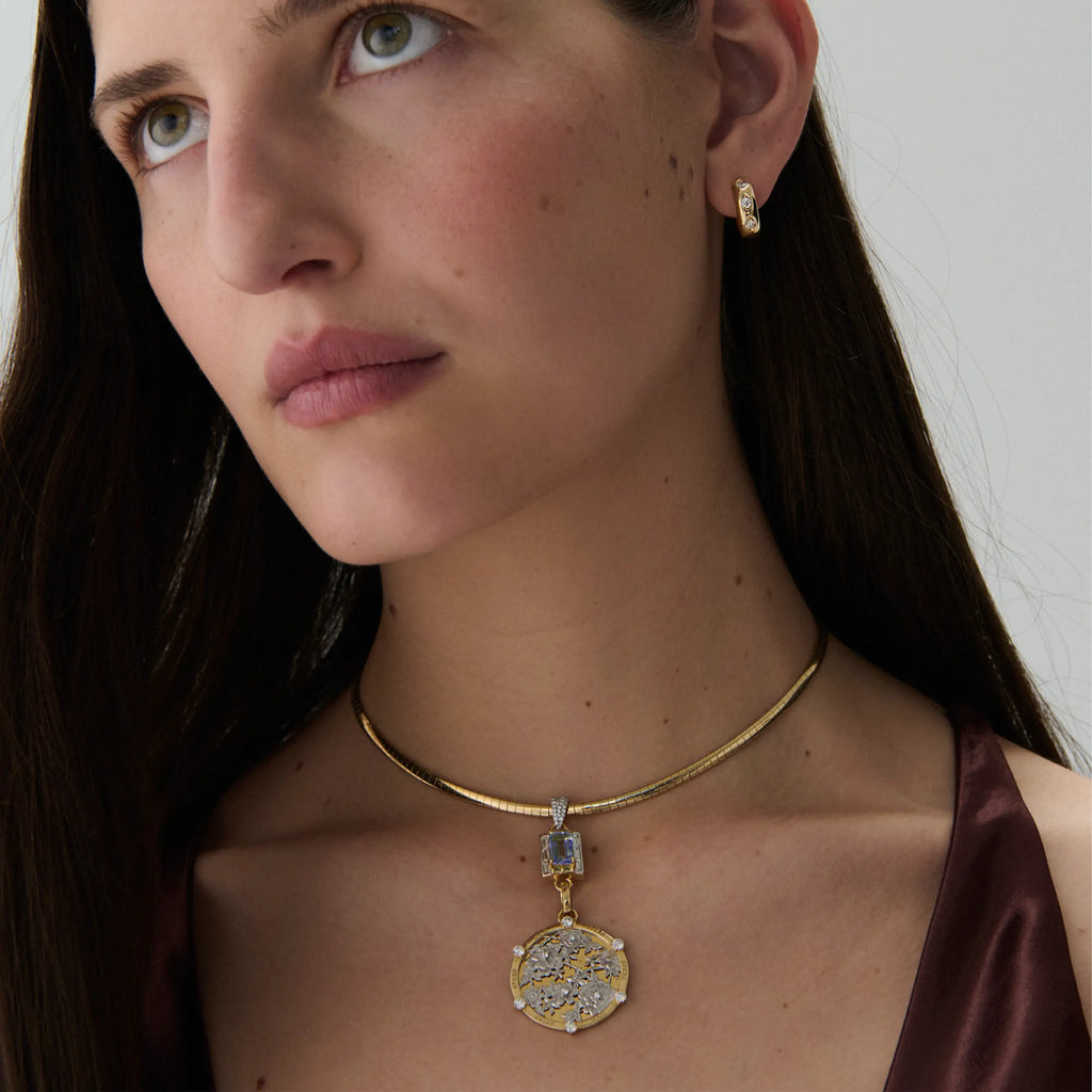 Resilience - True Love | Floral Screen and Lovestruck Pierced Cache Link Small Sleek Collar Necklace | Diamonds, Tanzanite, Mixed Gold view 2