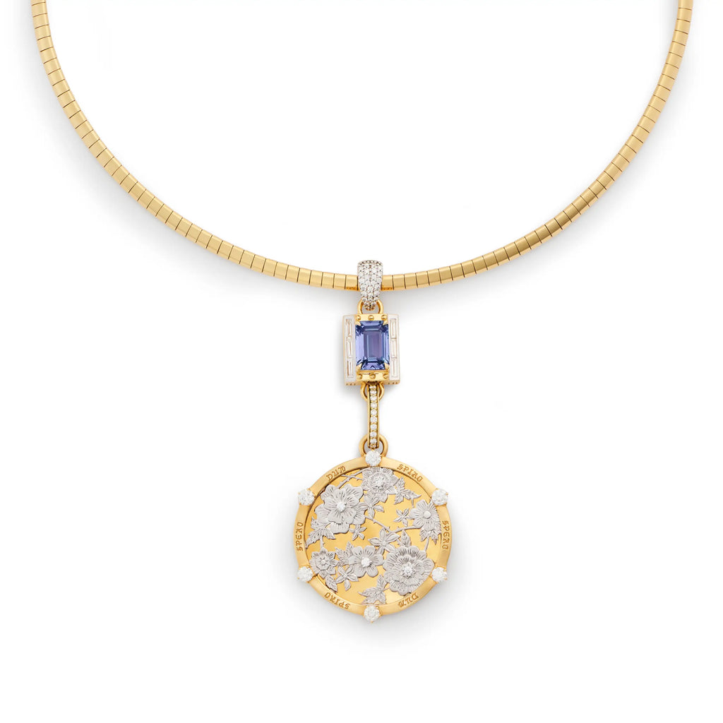 Resilience - True Love | Floral Screen and Lovestruck Pierced Cache Link Small Sleek Collar Necklace | Diamonds, Tanzanite, Mixed Gold view 1