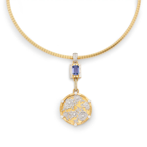 Resilience - True Love | Floral Screen and Lovestruck Pierced Cache Link Small Sleek Collar Necklace | Diamonds, Tanzanite, Mixed Gold