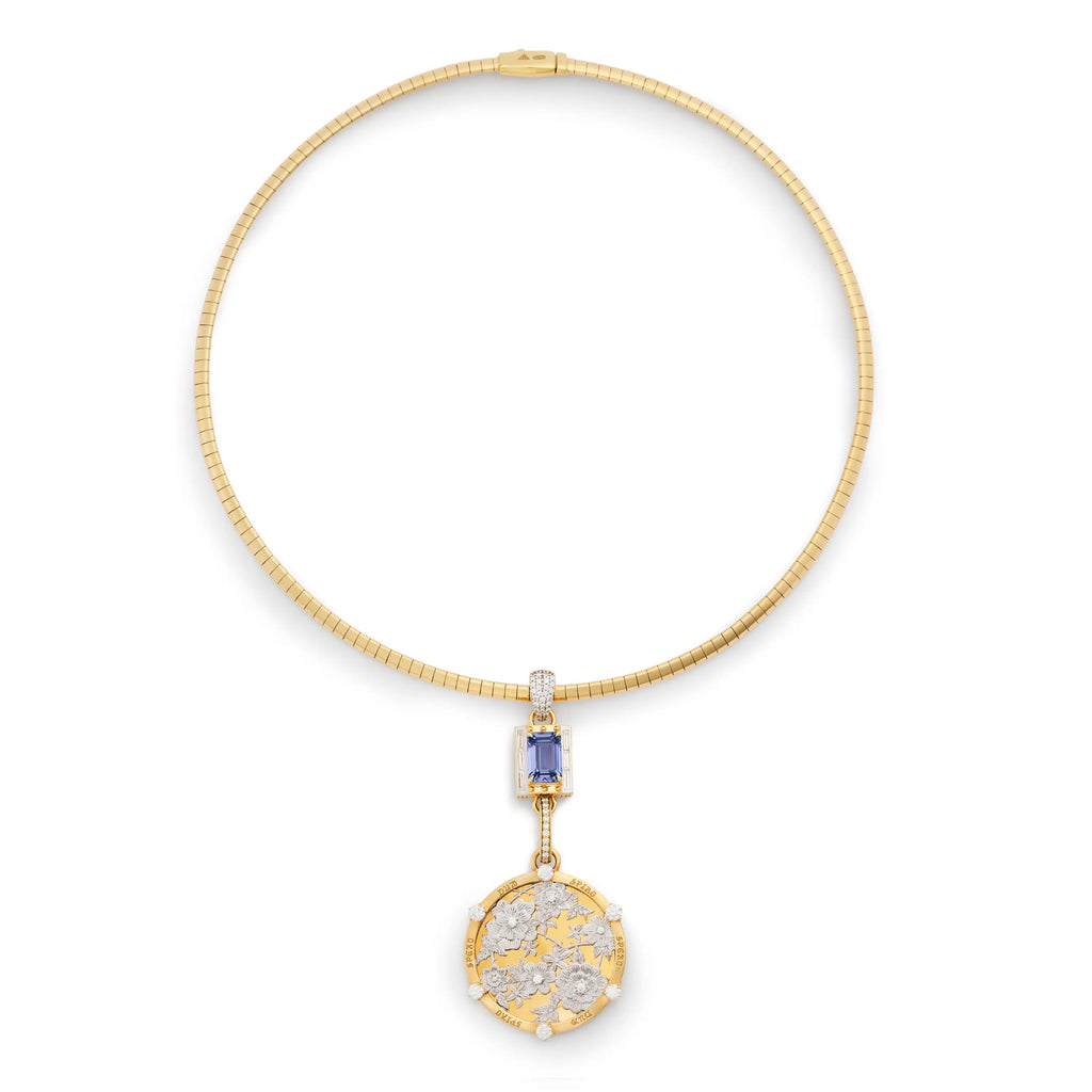 18K Mixed Gold Resilience - True Love | Floral Screen and Lovestruck Pierced Cache Link Small Sleek Collar Necklace | Diamonds, Tanzanite, Mixed Gold – FoundRae view 3
