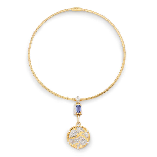 Resilience - True Love | Floral Screen and Lovestruck Pierced Cache Link Small Sleek Collar Necklace | Diamonds, Tanzanite, Mixed Gold