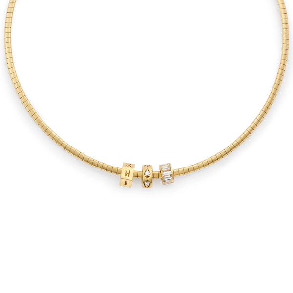 Personalized - True Love | Custom Faceted and Baguette Heart Beat Small Sleek Collar Necklace | Diamonds, Yellow Gold