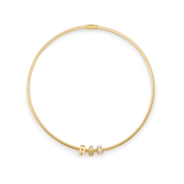 Personalized - True Love | Custom Faceted and Baguette Heart Beat Small Sleek Collar Necklace | Diamonds, Yellow Gold
