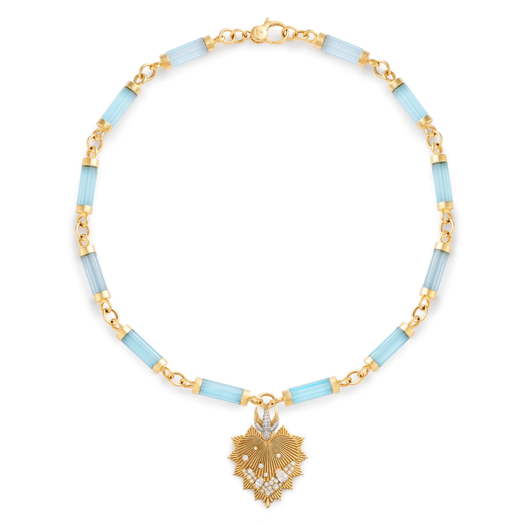 18K Yellow Gold True Love - Resilience | Encrusted Heart Love Token and Sparrow Oversized Element Necklace | Diamonds, Sky Blue Topaz, Yellow Gold – FoundRae view 3
