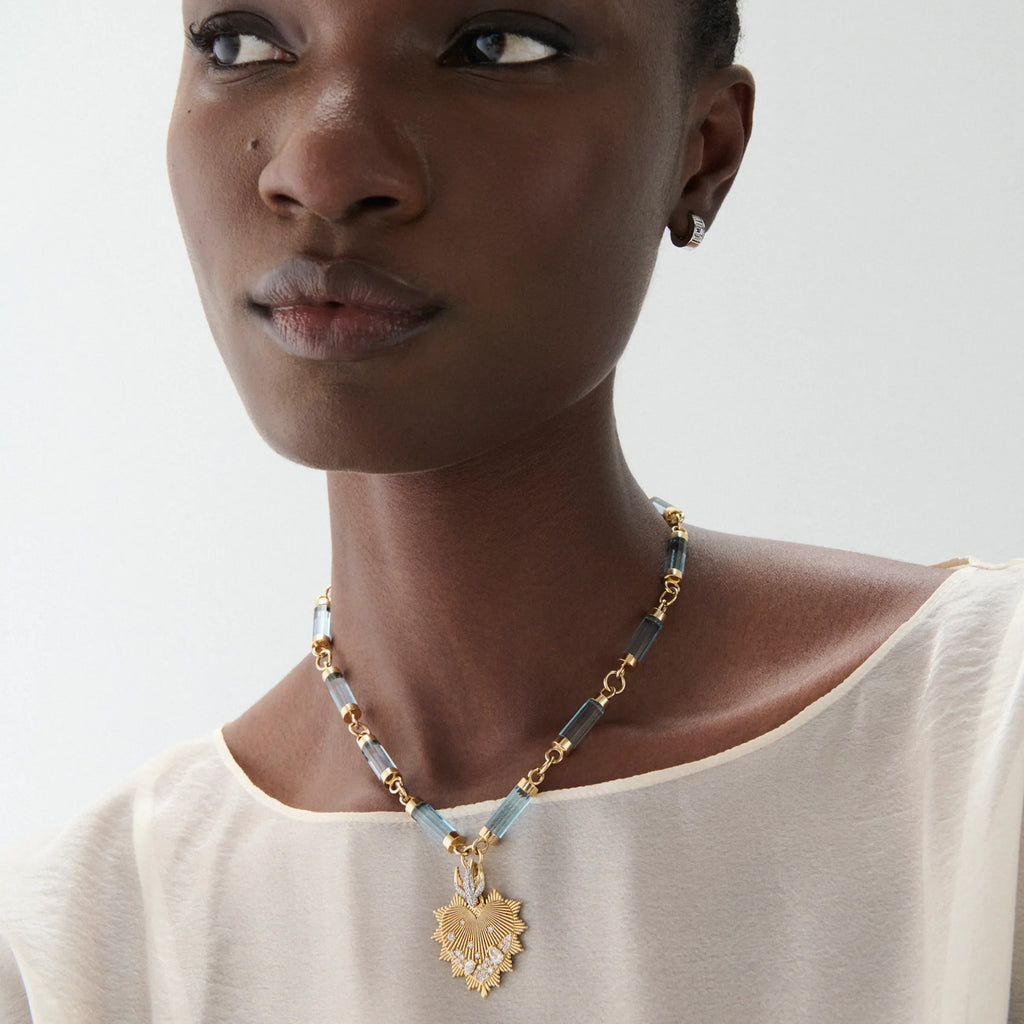 True Love - Resilience | Encrusted Heart Love Token and Sparrow Oversized Element Necklace | Diamonds, Sky Blue Topaz, Yellow Gold view 2