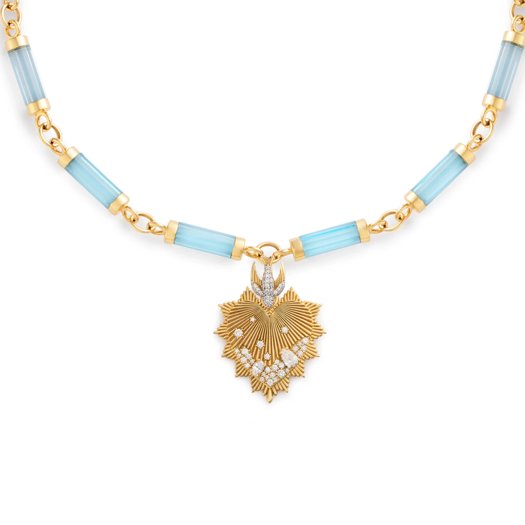 True Love - Resilience | Encrusted Heart Love Token and Sparrow Oversized Element Necklace | Diamonds, Sky Blue Topaz, Yellow Gold view 1