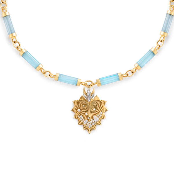 True Love - Resilience | Encrusted Heart Love Token and Sparrow Oversized Element Necklace | Diamonds, Sky Blue Topaz, Yellow Gold