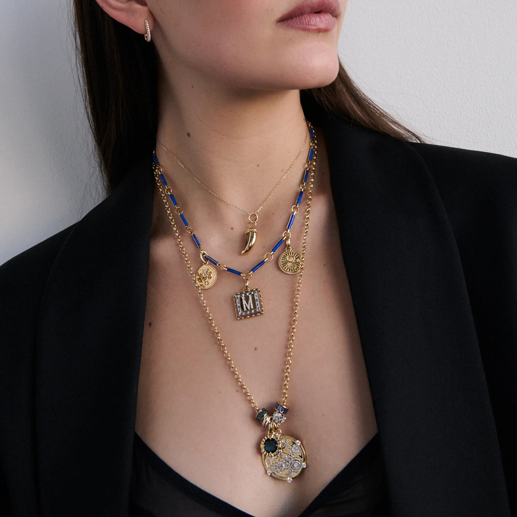 Resilience - Internal Compass | Floral Screen and Heart Beats Medium Belcher Necklace | Diamonds, London Blue Topaz, Amethyst, Mixed Gold view 2