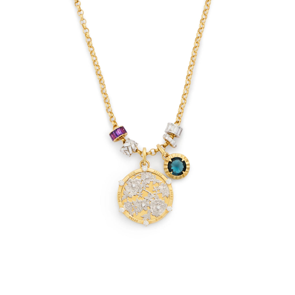Resilience - Internal Compass | Floral Screen and Heart Beats Medium Belcher Necklace | Diamonds, London Blue Topaz, Amethyst, Mixed Gold view 1