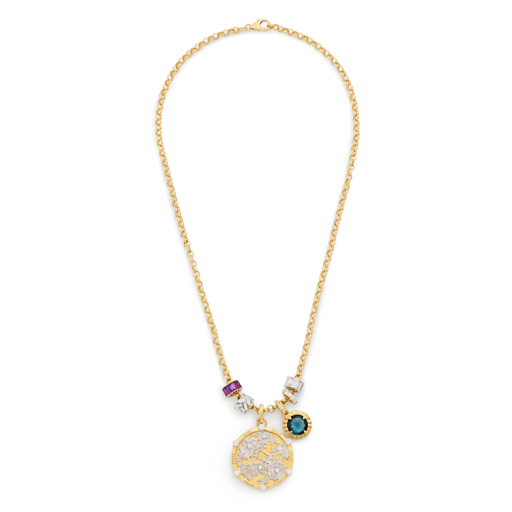 18K Yellow Gold Resilience - Internal Compass | Floral Screen and Heart Beats Medium Belcher Necklace | Diamonds, London Blue Topaz, Amethyst, Mixed Gold – FoundRae view 3