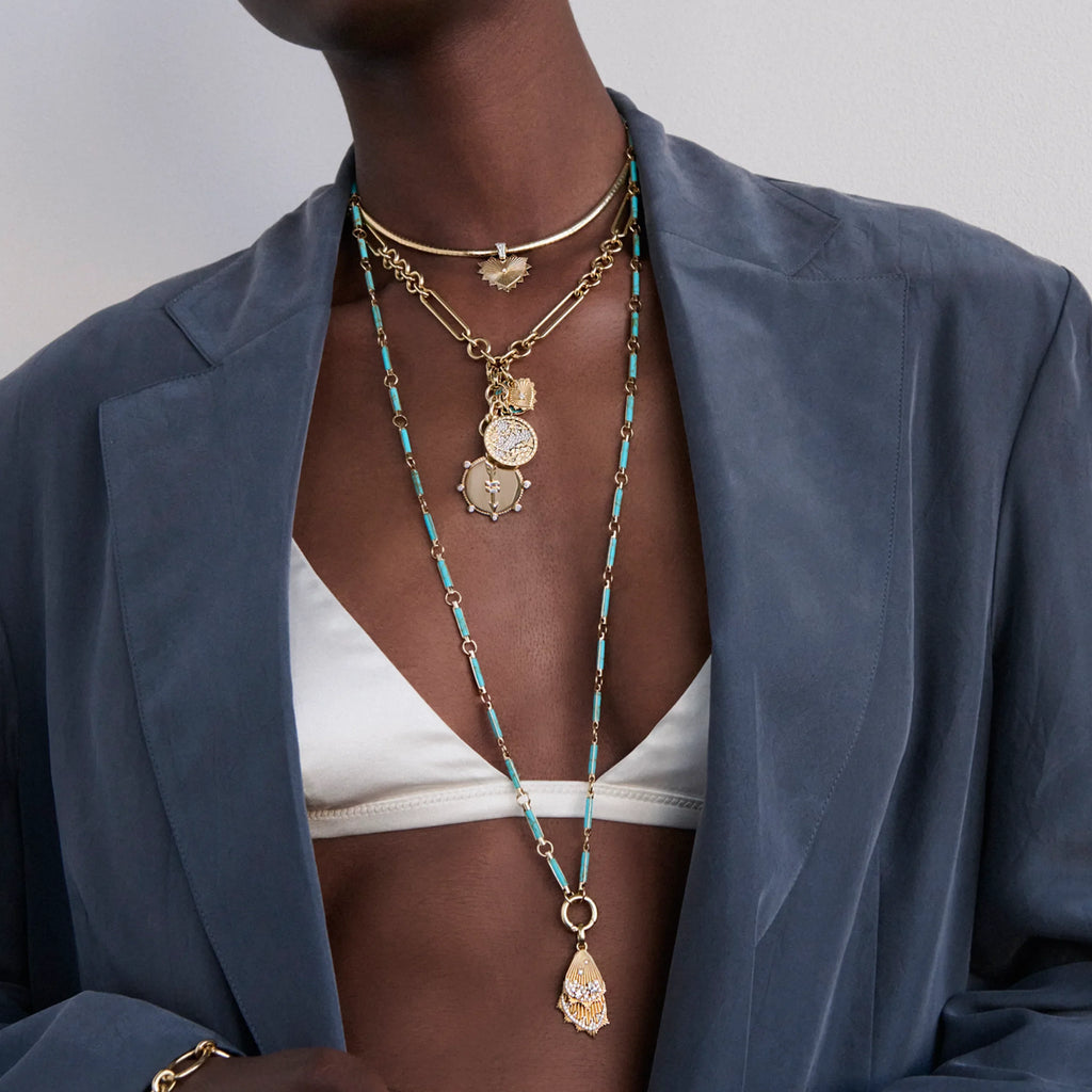 Reverie | Encrusted Butterfly Wings Element Open Chain | Diamonds, Turquoise, Yellow Gold view 2