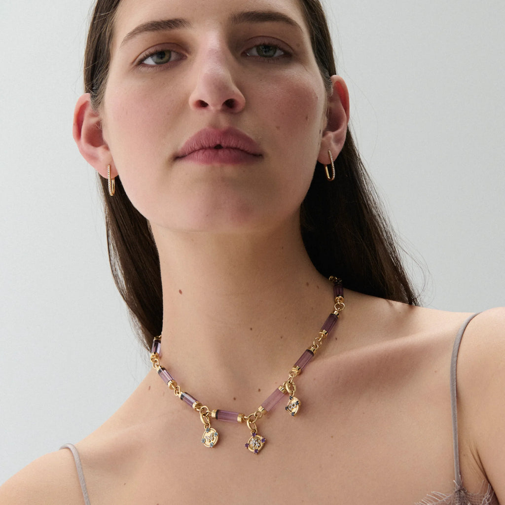 Resilience - Reverie | Blossoms and Butterfly Oversized Element Necklace | Multi-Stone, Yellow Gold view 2