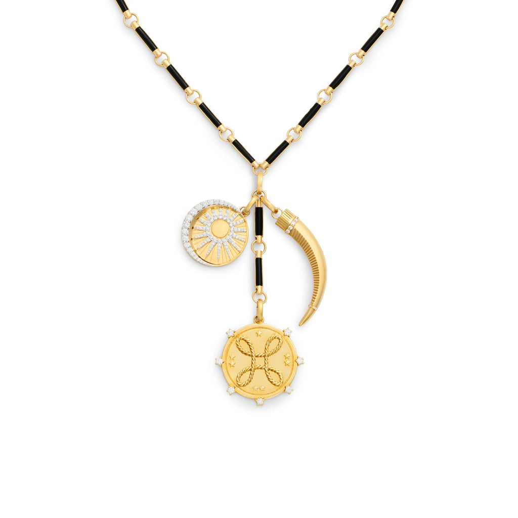 True Love - Foundation | Love Knot and Balance Element Extension Necklace | Diamonds, Onyx, Yellow Gold view 1