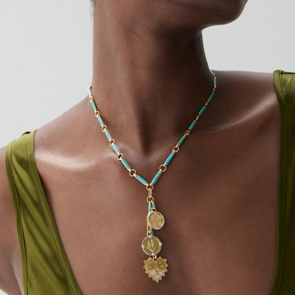 True Love - Infinite Gratitude | Encrusted Heart Love Token and Braided Wheat Element Extension Necklace | Diamonds, Turquoise, Yellow Gold view 2